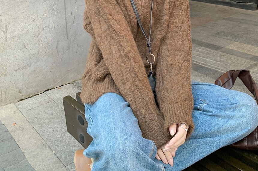 Stand Collar Basic Cable Knit Zip Cardigan