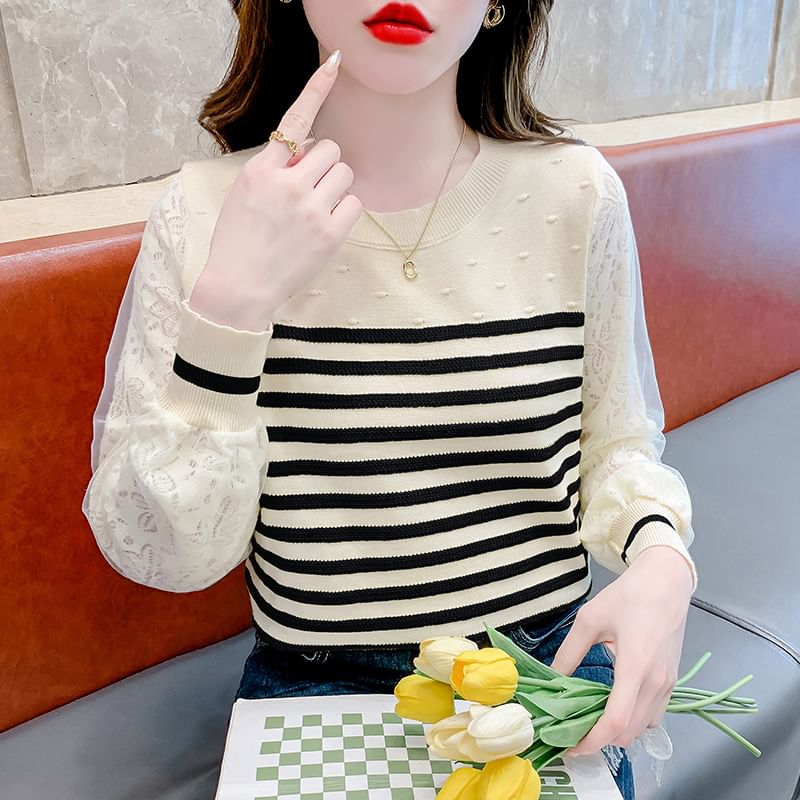Striped Crewneck Lace Insert Knit Sweater