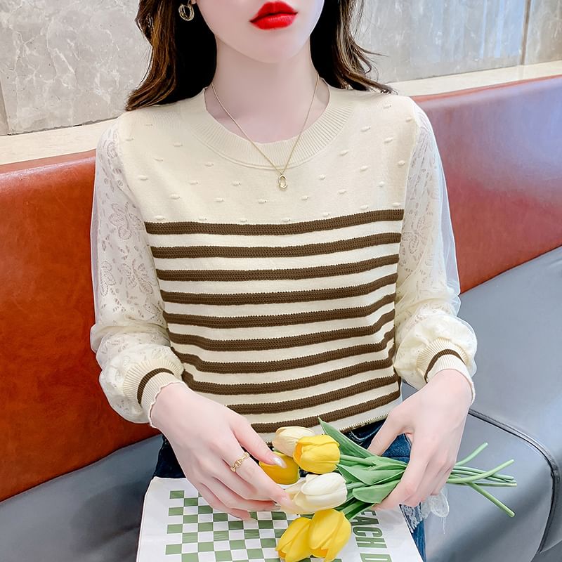 Striped Crewneck Lace Insert Knit Sweater