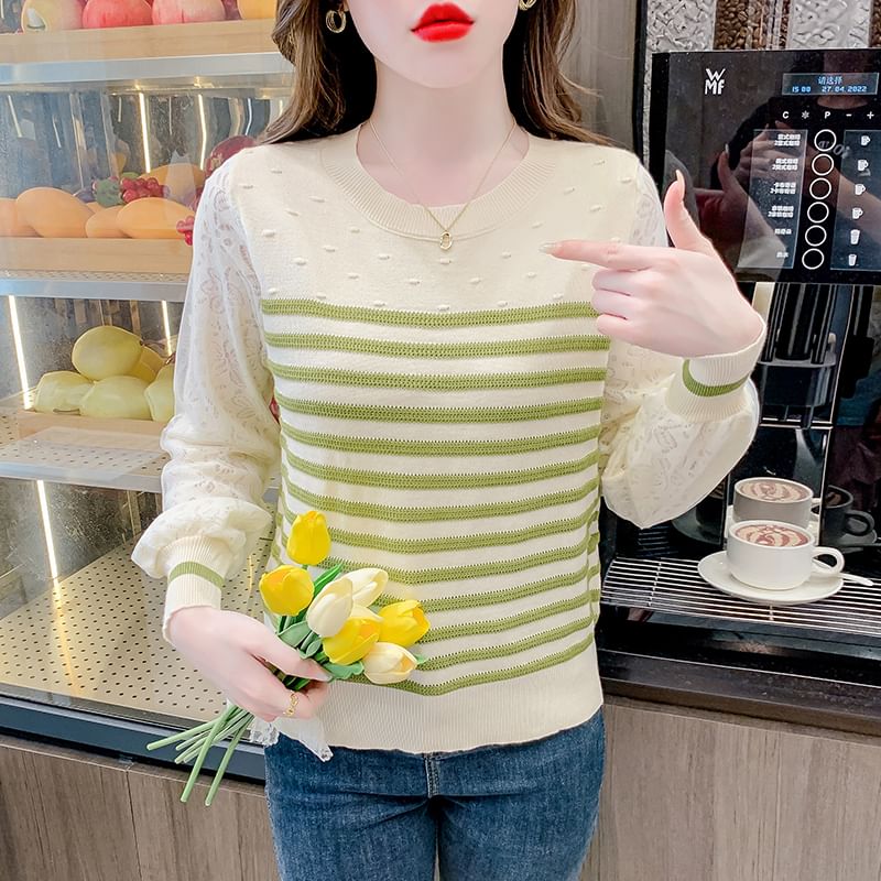 Striped Crewneck Lace Insert Knit Sweater