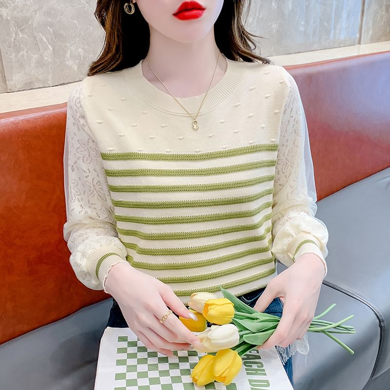 Striped Crewneck Lace Insert Knit Sweater