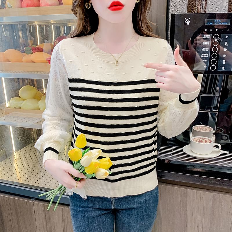 Striped Crewneck Lace Insert Knit Sweater