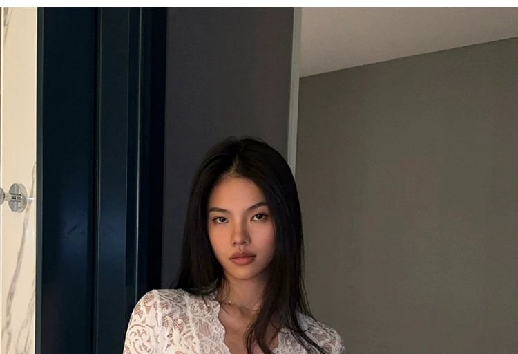 Flared Sleeve Lace Cropped V-Neck Blouse