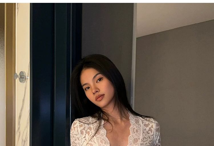 Flared Sleeve Lace Cropped V-Neck Blouse