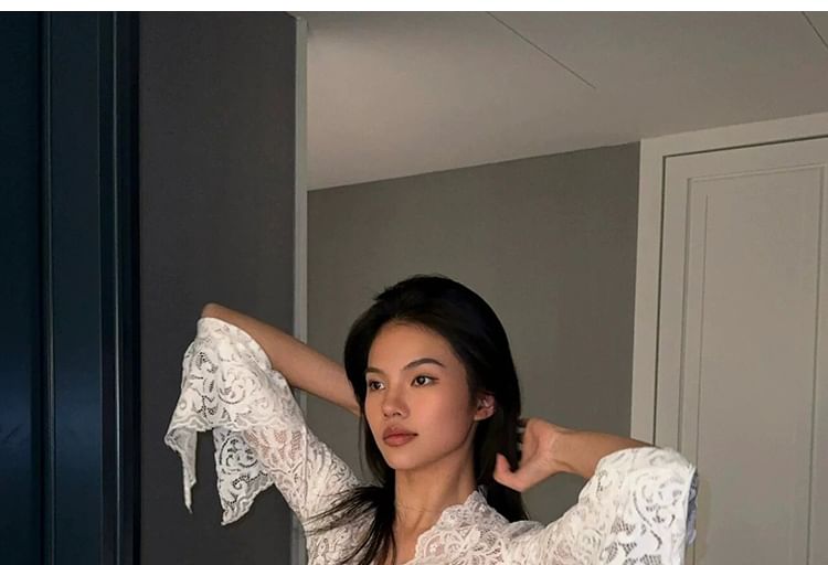 Flared Sleeve Lace Cropped V-Neck Blouse