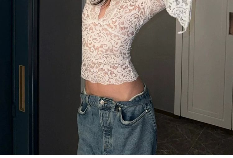 Flared Sleeve Lace Cropped V-Neck Blouse