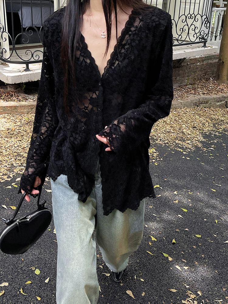 V-Neck Lace Button-Front Long Sleeve Top