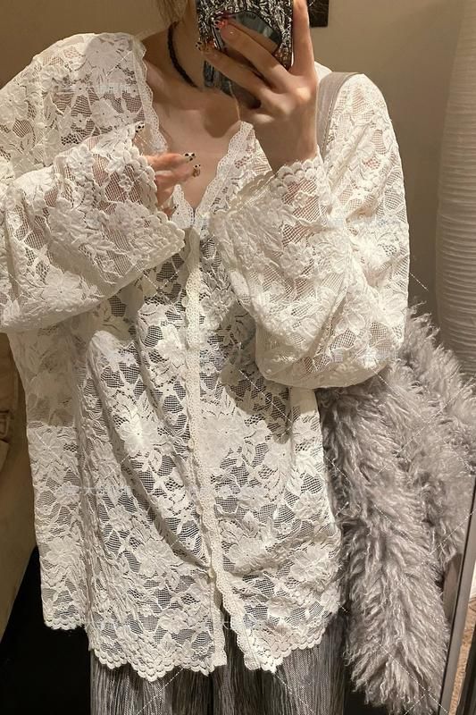 V-Neck Lace Button-Front Long Sleeve Top