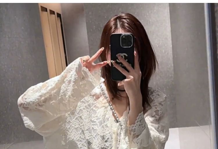 V-Neck Lace Button-Front Long Sleeve Top