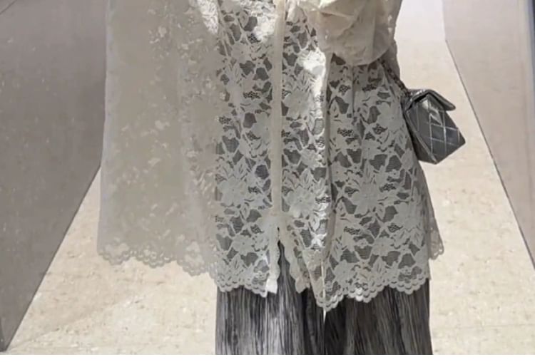 V-Neck Lace Button-Front Long Sleeve Top