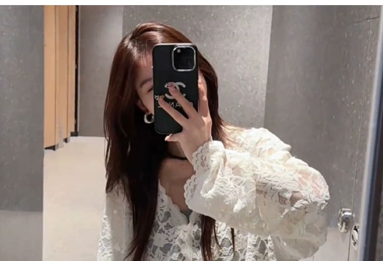 V-Neck Lace Button-Front Long Sleeve Top