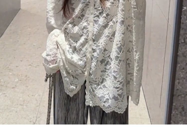 V-Neck Lace Button-Front Long Sleeve Top