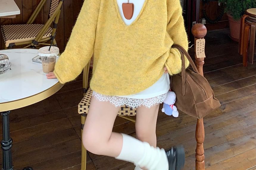 V-Neck Lace Trim Knit Top with Long-Sleeve Sweater