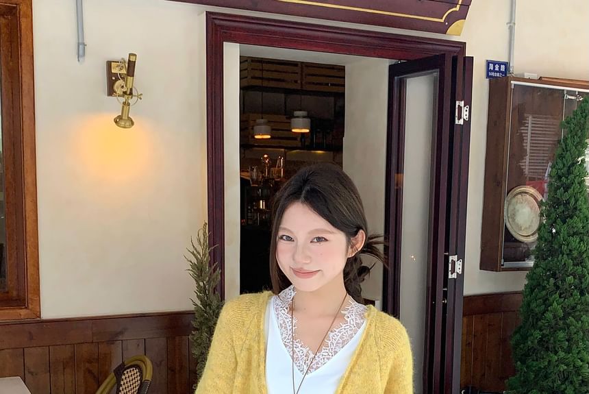 V-Neck Lace Trim Knit Top with Long-Sleeve Sweater