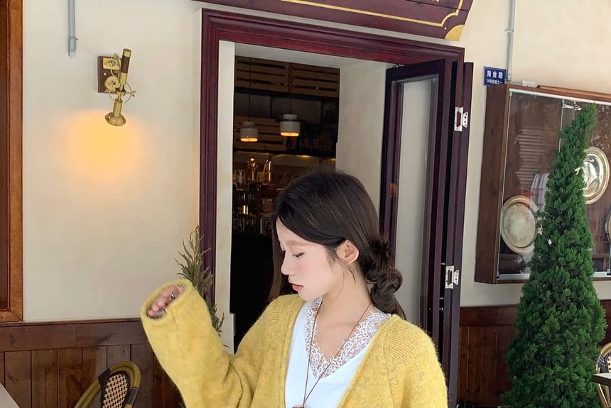 V-Neck Lace Trim Knit Top with Long-Sleeve Sweater