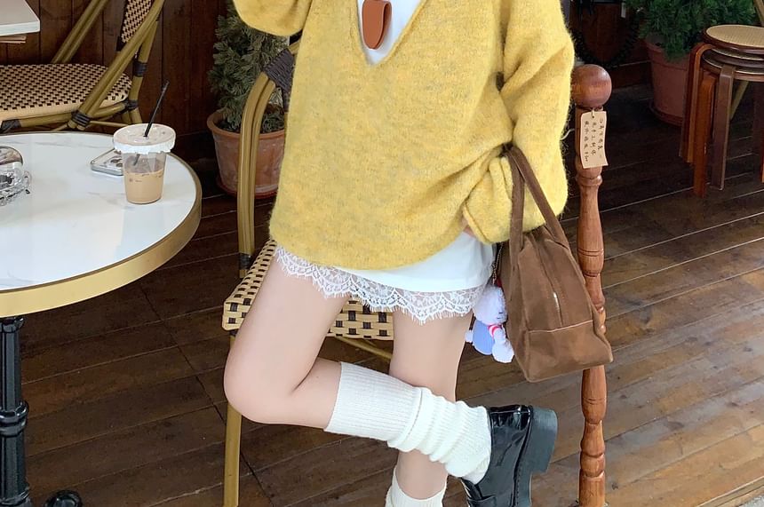 V-Neck Lace Trim Knit Top with Long-Sleeve Sweater