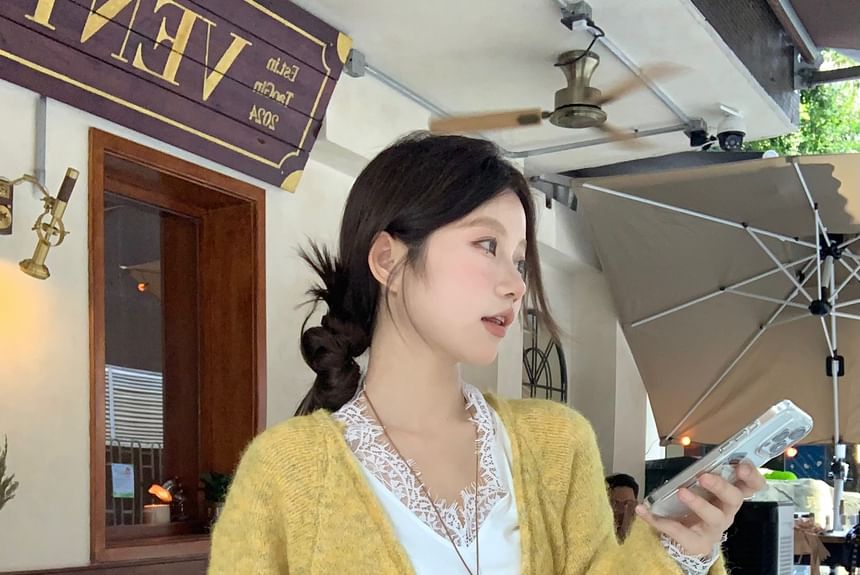 V-Neck Lace Trim Knit Top with Long-Sleeve Sweater