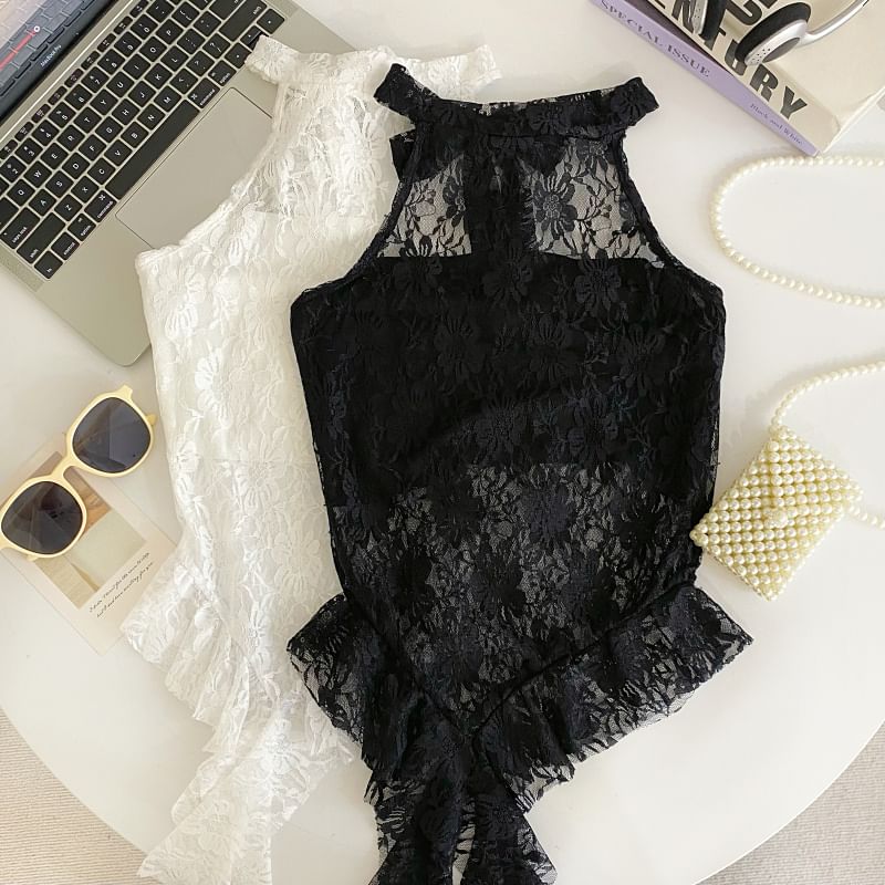 Sleeveless Asymmetric Lace Blouse
