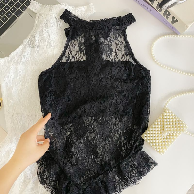 Sleeveless Asymmetric Lace Blouse