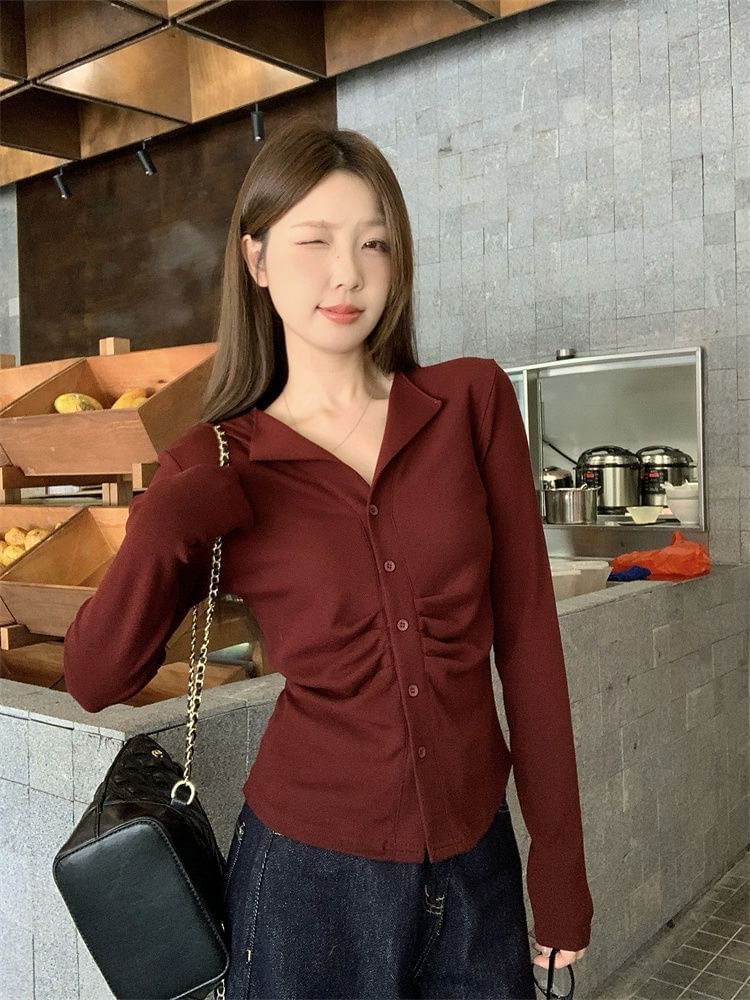 V-Neck Collar Ruched Slim-Fit Light Cardigan