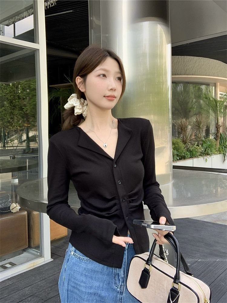 V-Neck Collar Ruched Slim-Fit Light Cardigan