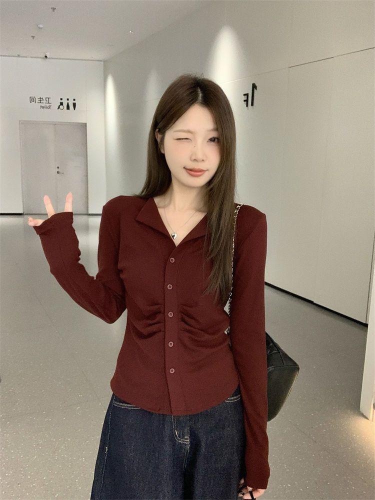 V-Neck Collar Ruched Slim-Fit Light Cardigan