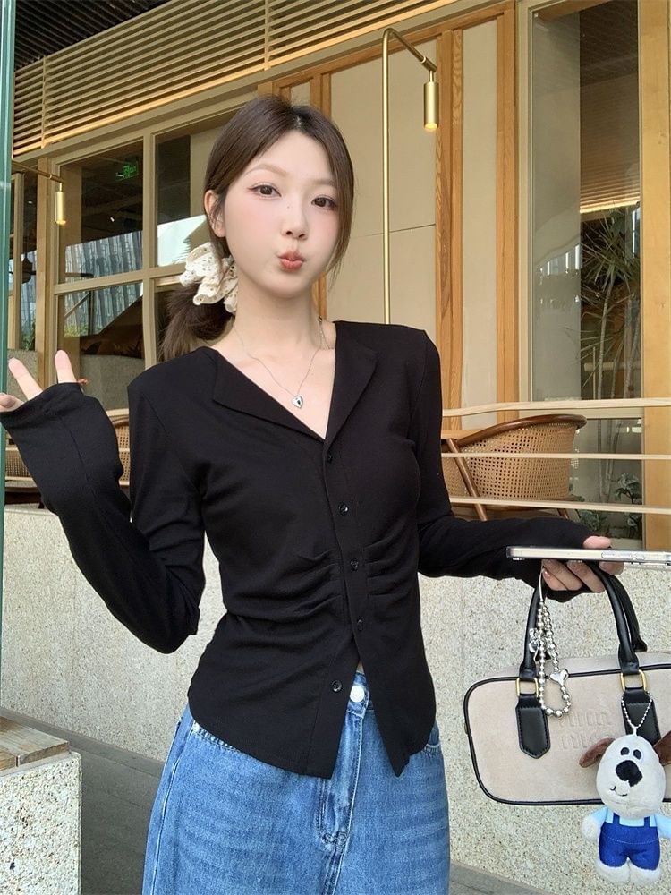 V-Neck Collar Ruched Slim-Fit Light Cardigan