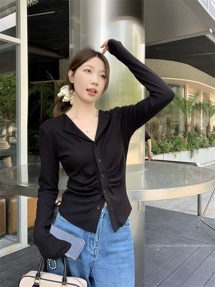V-Neck Collar Ruched Slim-Fit Light Cardigan