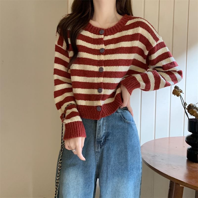 Crewneck Striped Button-Up Cardigan