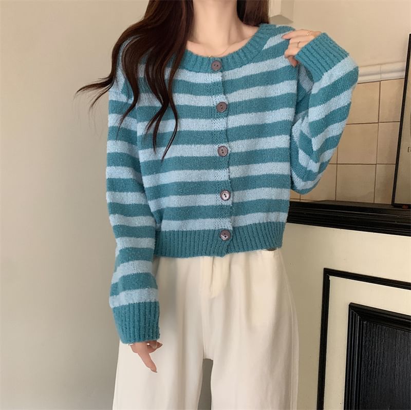 Crewneck Striped Button-Up Cardigan