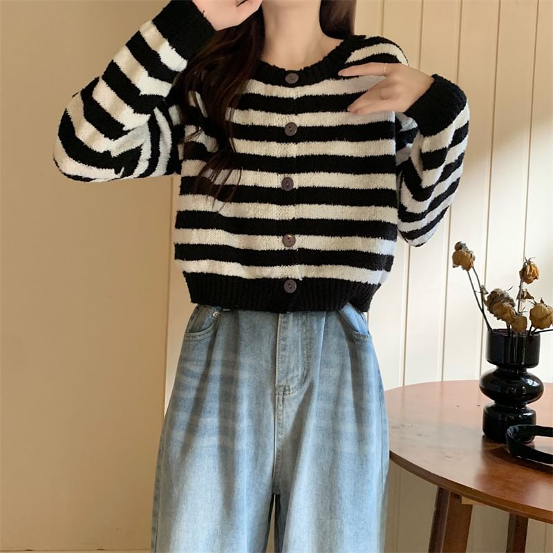 Crewneck Striped Button-Up Cardigan
