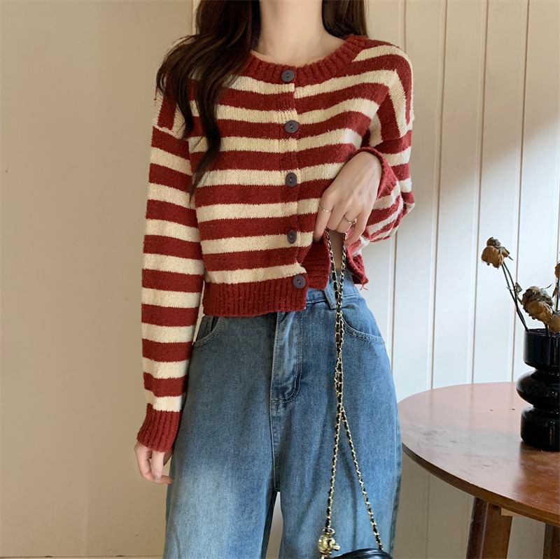 Crewneck Striped Button-Up Cardigan