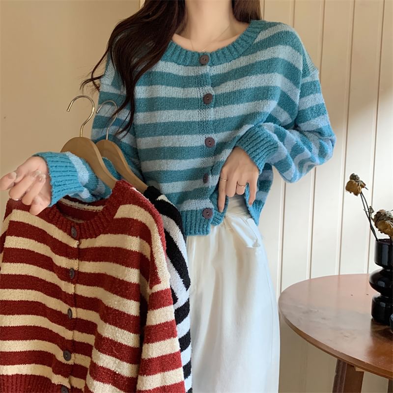 Crewneck Striped Button-Up Cardigan