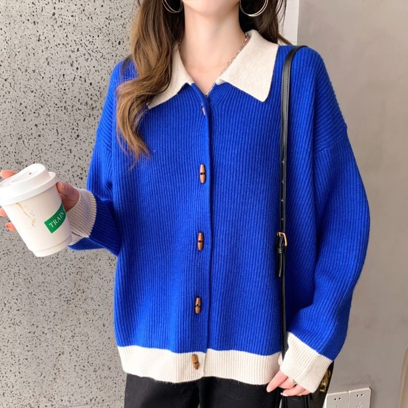 Collared Toggle Two Tone Cardigan