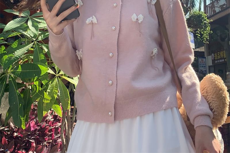 Round Neck Bowknot Detail Button Cardigan