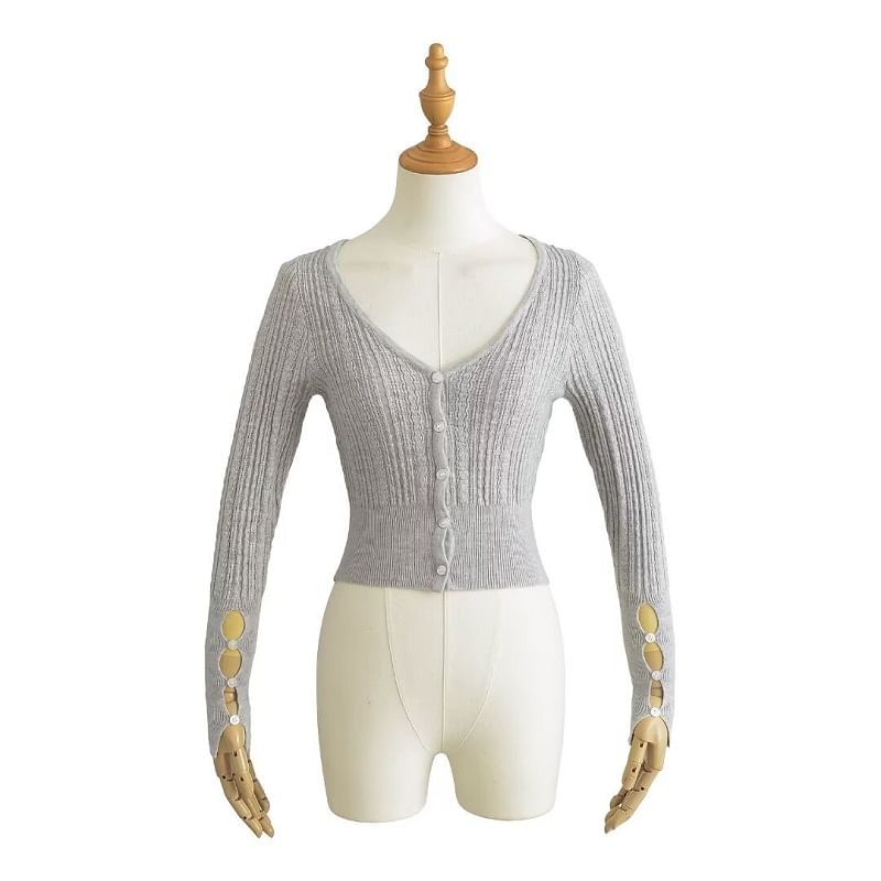 V-Neck Simple Cutout Button-Up Crop Cardigan
