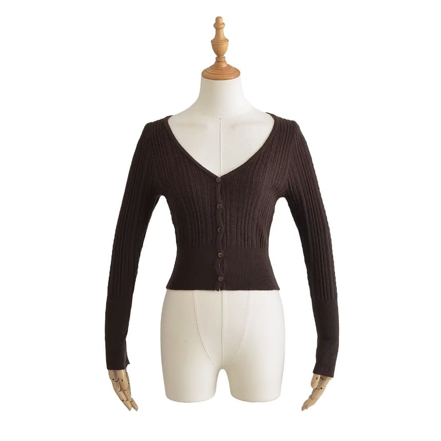 V-Neck Simple Cutout Button-Up Crop Cardigan