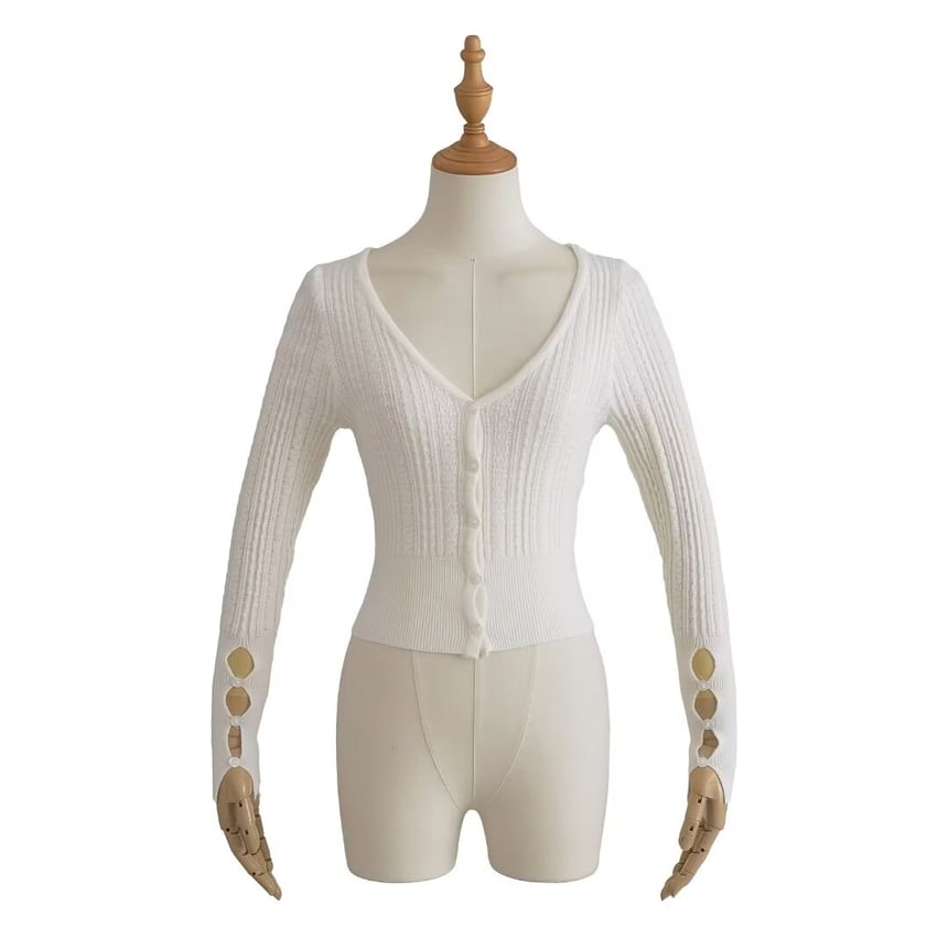 V-Neck Simple Cutout Button-Up Crop Cardigan