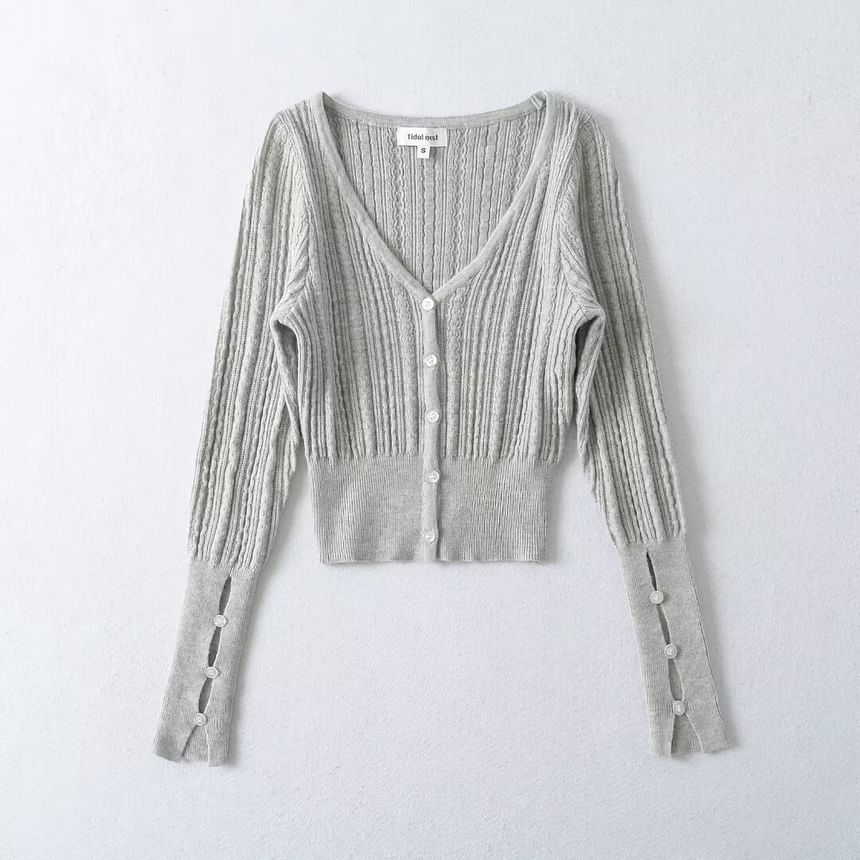 V-Neck Simple Cutout Button-Up Crop Cardigan