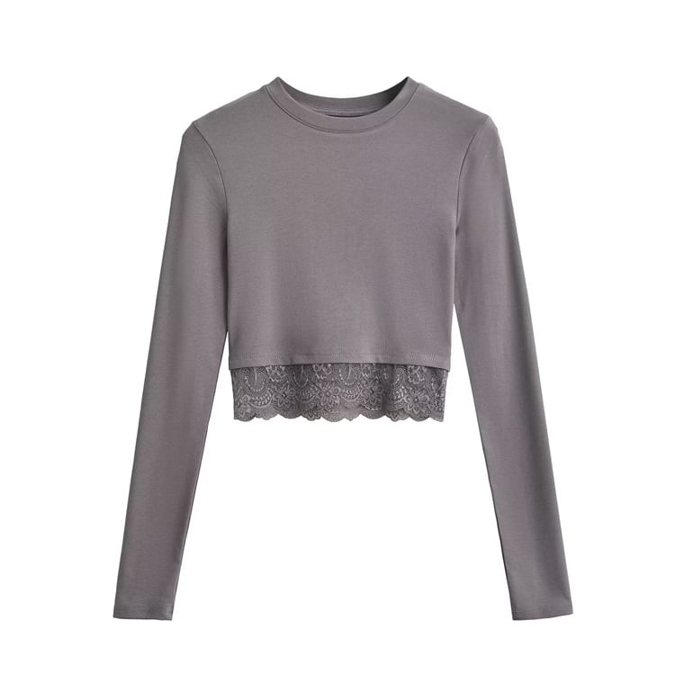Crewneck Lace Insert Cropped Sweatshirt