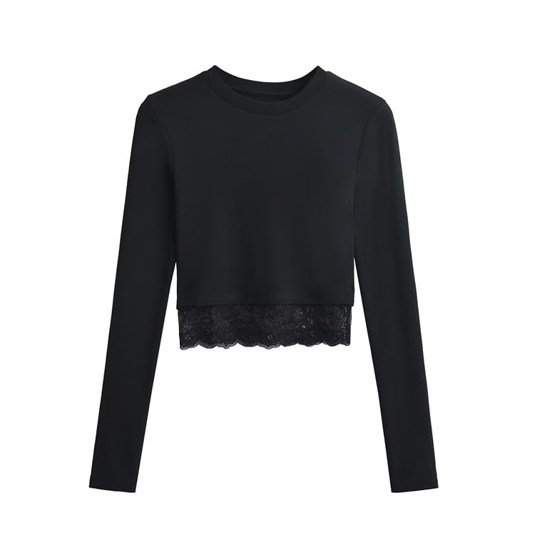 Crewneck Lace Insert Cropped Sweatshirt