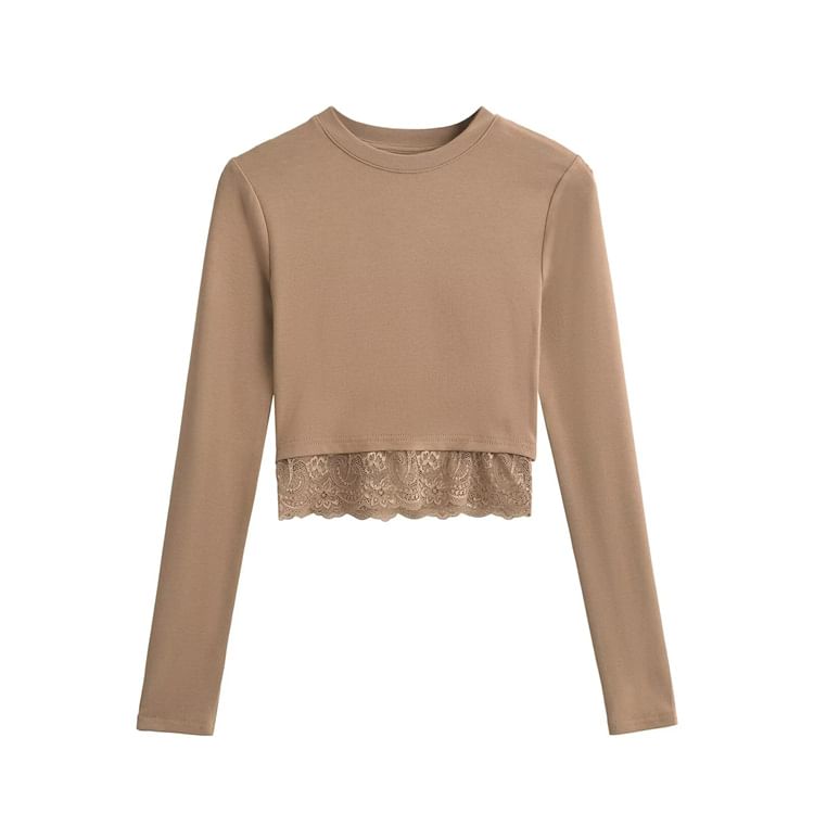 Crewneck Lace Insert Cropped Sweatshirt