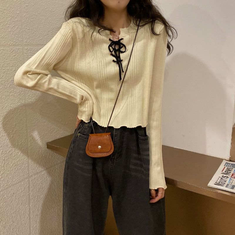 Notch Neck Lace-Up Ribbed Knit Top