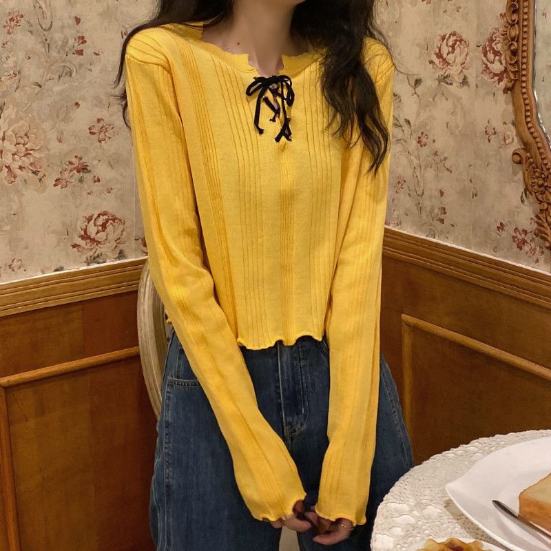 Notch Neck Lace-Up Ribbed Knit Top