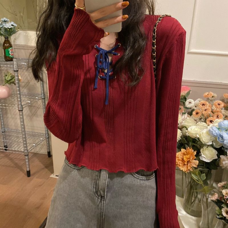Notch Neck Lace-Up Ribbed Knit Top