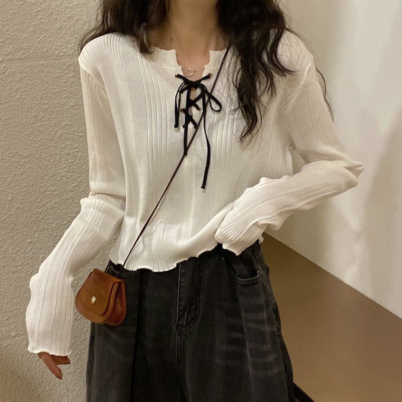 Notch Neck Lace-Up Ribbed Knit Top