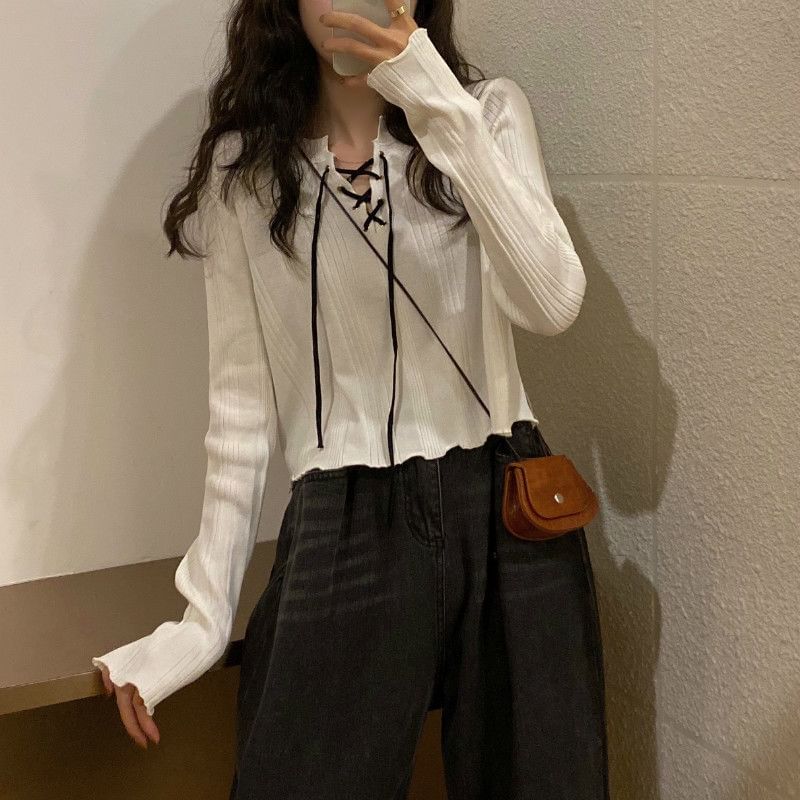 Notch Neck Lace-Up Ribbed Knit Top
