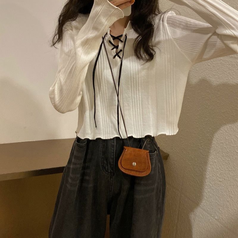 Notch Neck Lace-Up Ribbed Knit Top