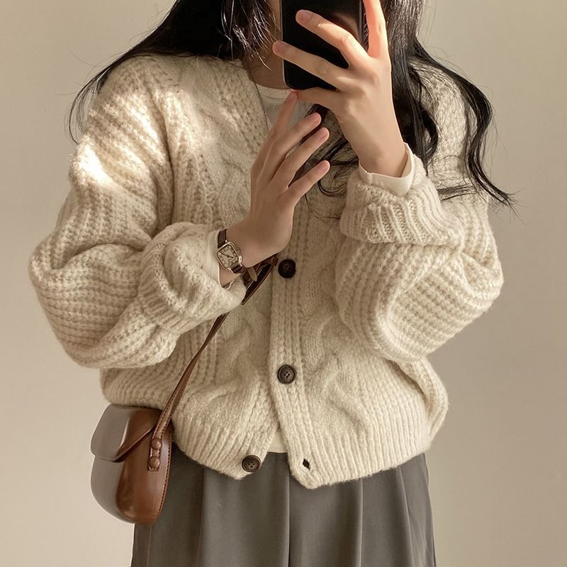 V-Neck Simple Chunky Knit Cardigan