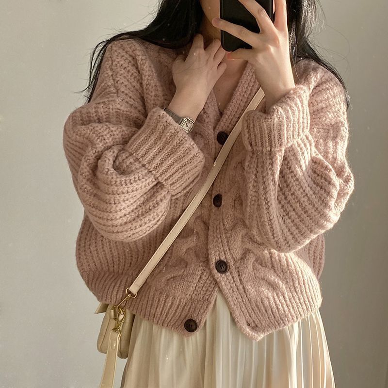 V-Neck Simple Chunky Knit Cardigan